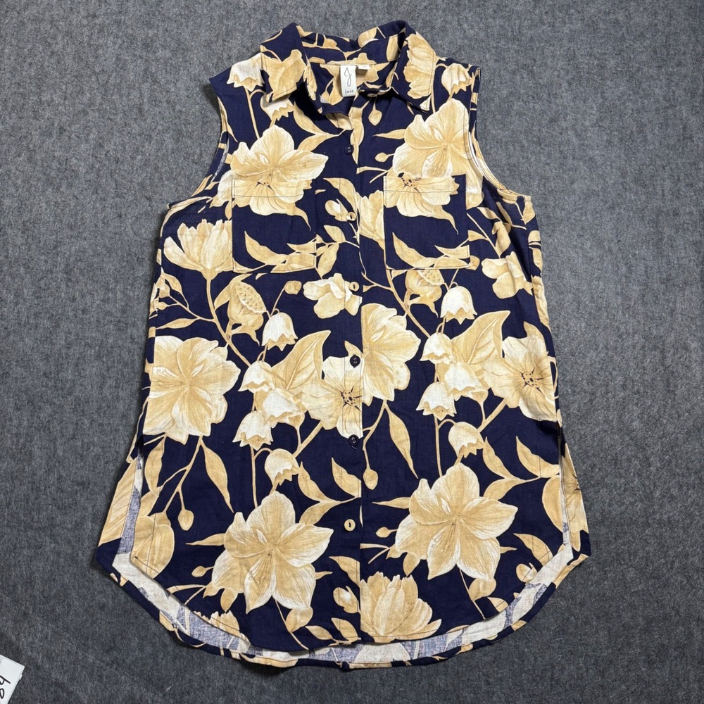 Joie Navy Floral Linen Blend Sleeveless Button Down Top Small Pocket Tunic